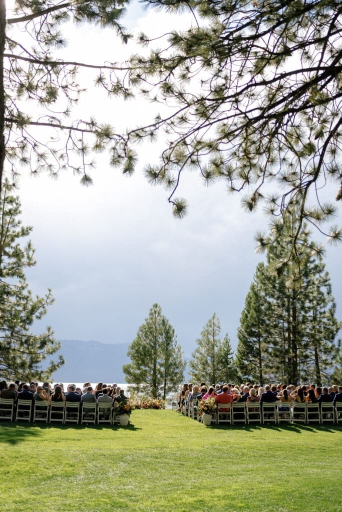 Outdoor wedding ceremony overlooking Lake Tahoe at Edgewood Resort.