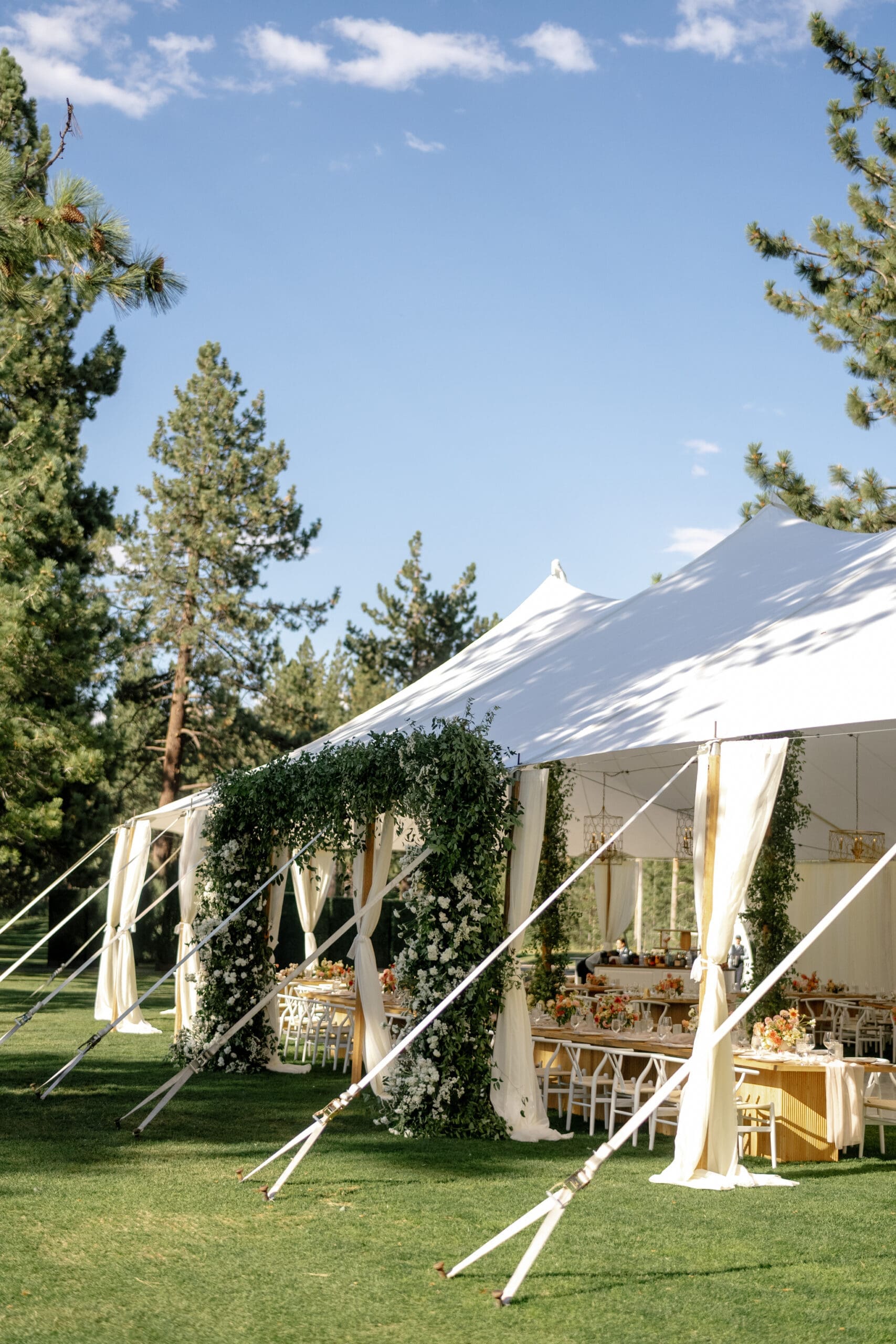 Sailcloth wedding tent on the Edgewood Tahoe 17th Green overlooking Lake Tahoe.