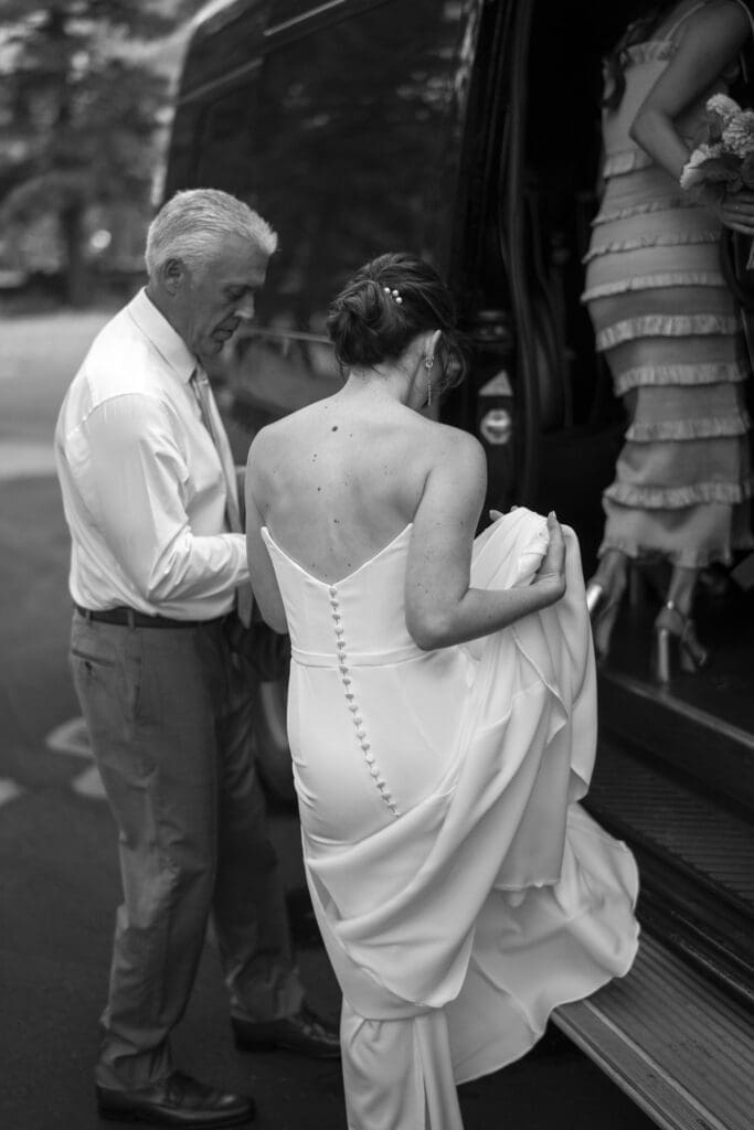Bride getting on shuttle with her father at Edgewood Resort Lake Tahoe.