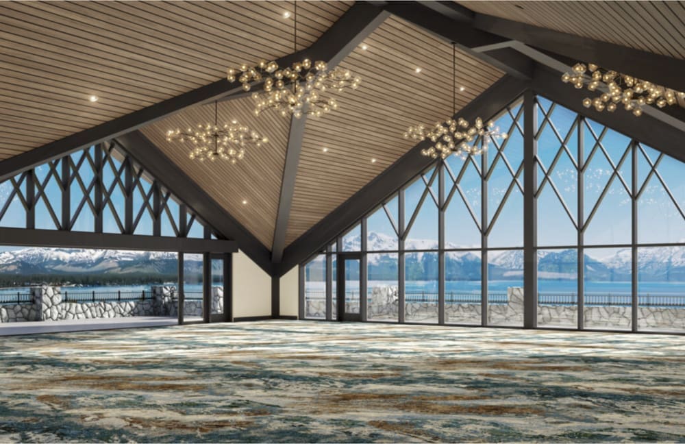 Architectural rendering of the new South Room at Edgewood Tahoe featuring panoramic lake views and floor-to-ceiling windows.