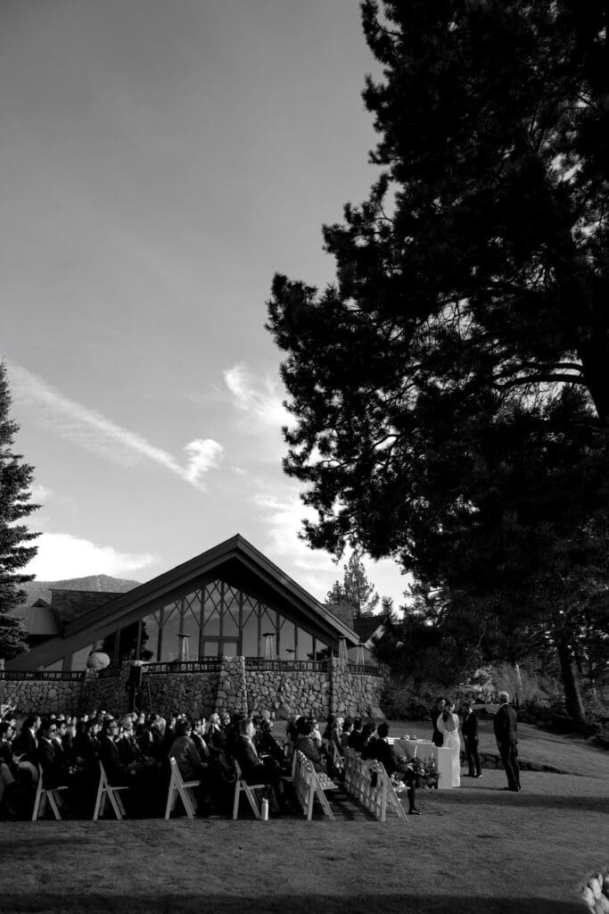 Outdoor wedding ceremony on the lawn beside the Edgewood Tahoe North Room