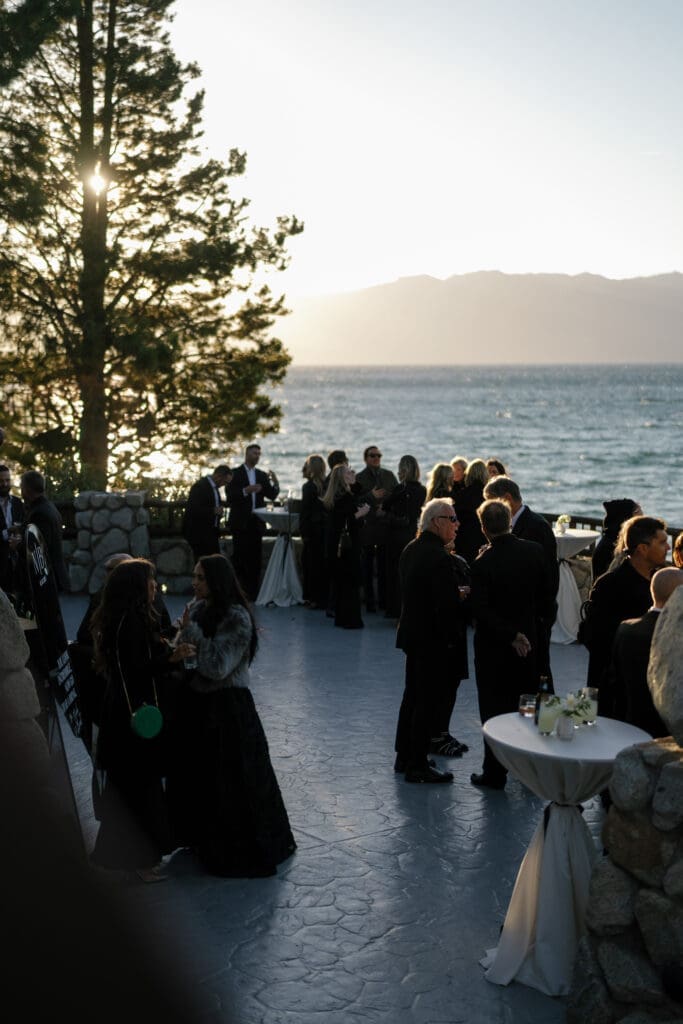 Cocktail hour overlooking Lake Tahoe during an Edgewood Tahoe wedding reception