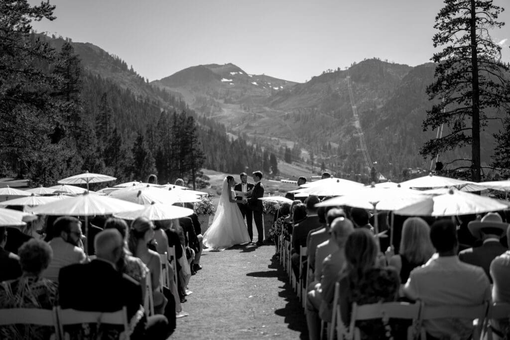 Bride and groom exchanging vows with mountain views at Everline Resort Lake Tahoe