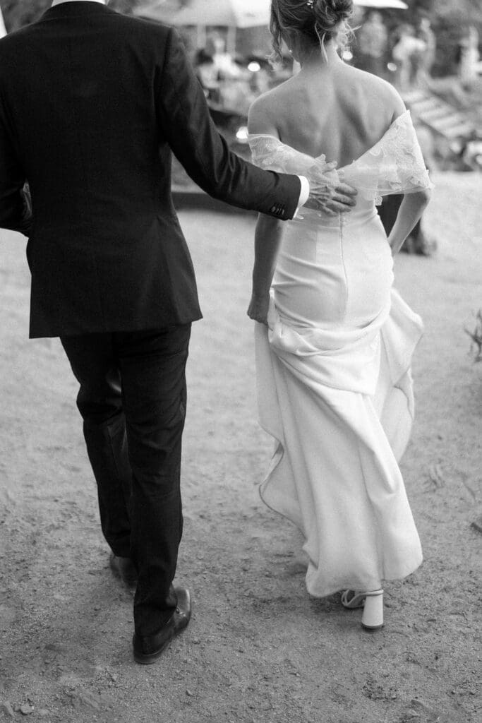 Bride and groom walking together during a Gar Woods wedding reception in North Lake Tahoe.