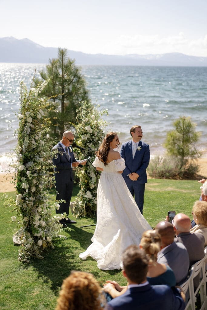 Lakefront wedding ceremony on the Edgewood Resort lawn overlooking Lake Tahoe.