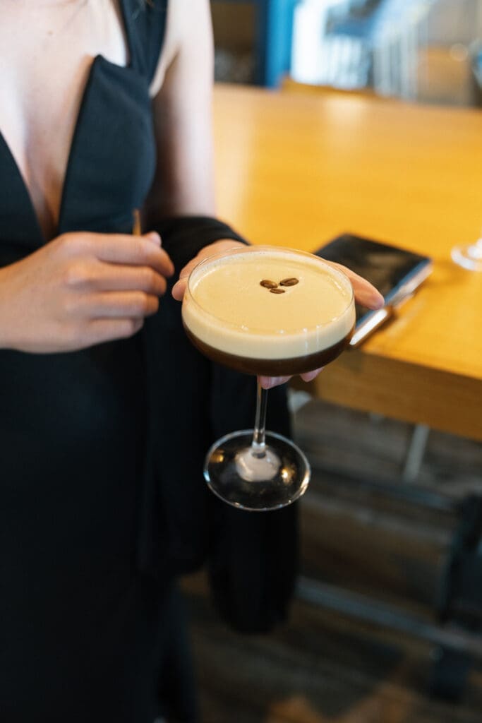 Espresso martini cocktail during luxury wedding reception at Tahoe Beach Club Lake Tahoe